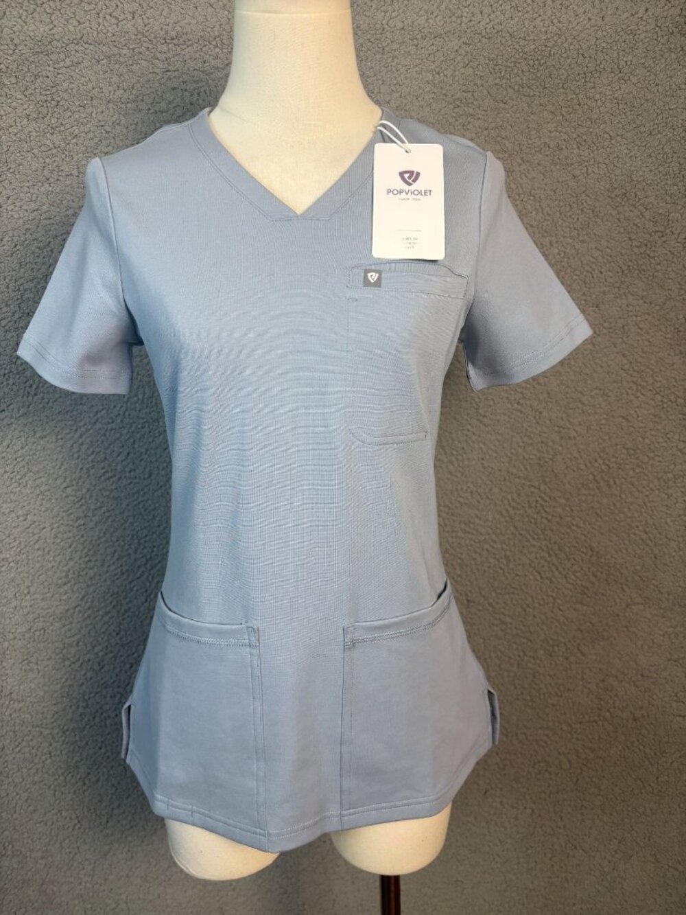 PopViolet Women's Scrub Top Cambric Blue V-Neck Lightweight Size XS New With Tag